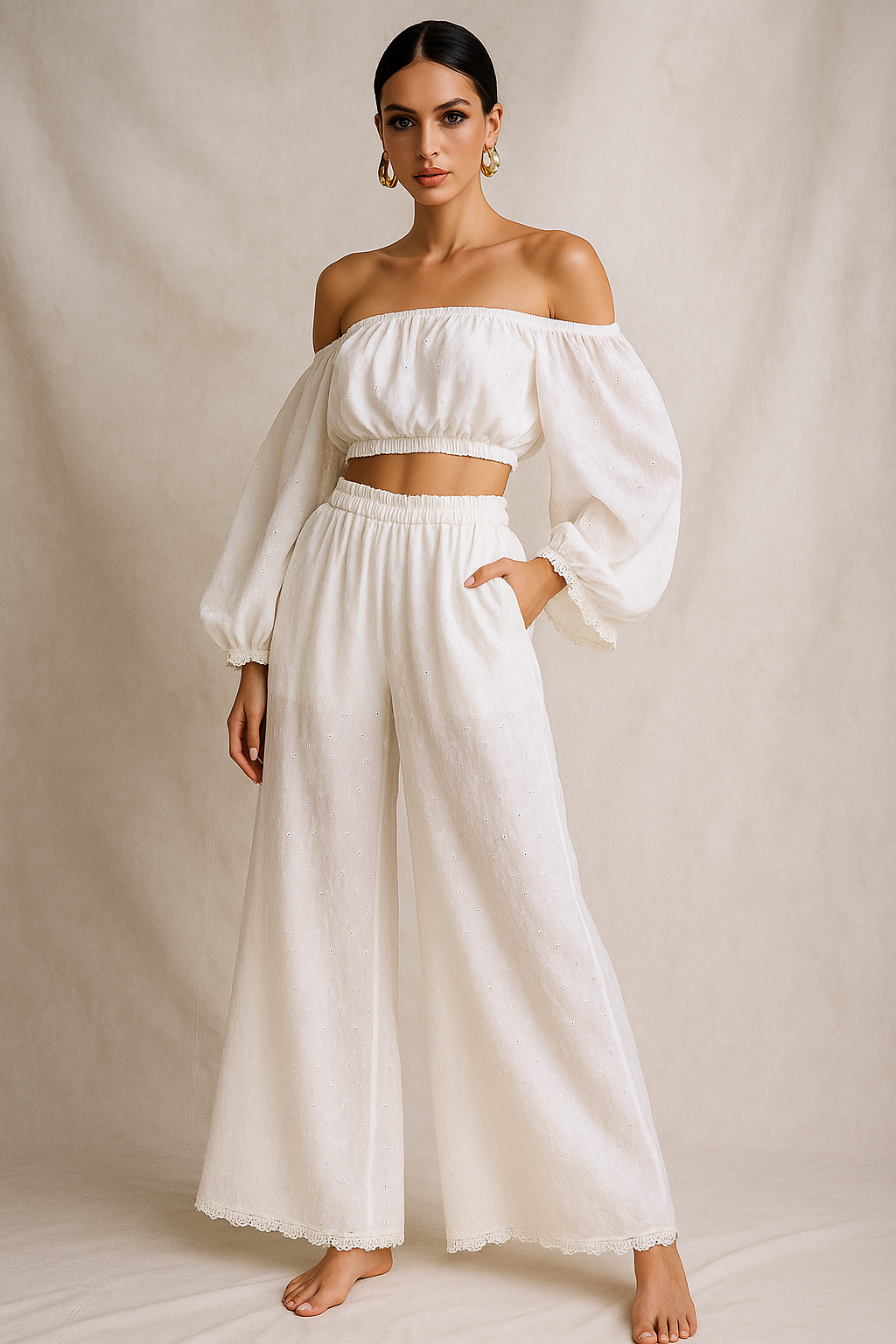 Woman in white cotton co-ord set - third view